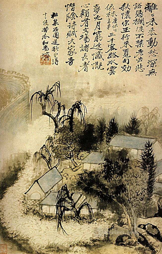 Shitao hamlet in the autumn mist 1690 old Chinese Oil Paintings